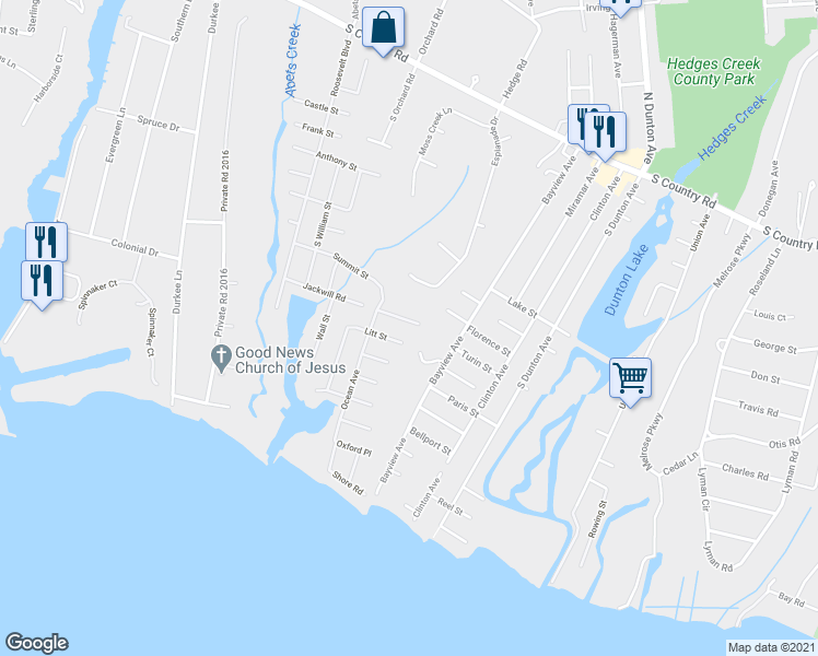 map of restaurants, bars, coffee shops, grocery stores, and more near 4 East Jackwill Road in Patchogue