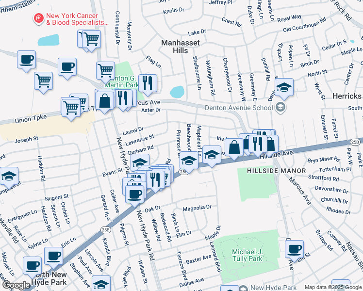 map of restaurants, bars, coffee shops, grocery stores, and more near 143 Primrose Drive in North New Hyde Park
