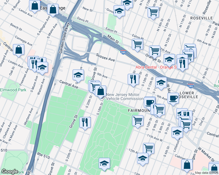 map of restaurants, bars, coffee shops, grocery stores, and more near 24 South 17th Street in East Orange