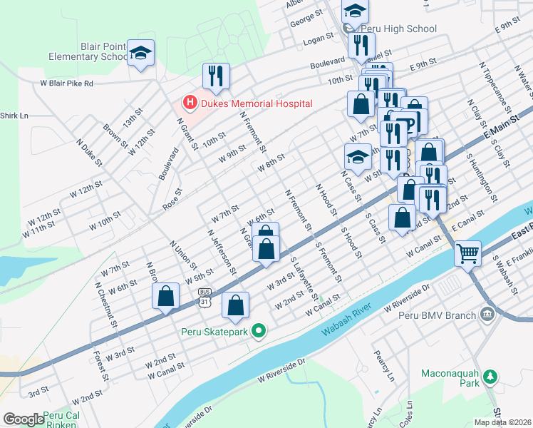 map of restaurants, bars, coffee shops, grocery stores, and more near 250 West 6th Street in Peru