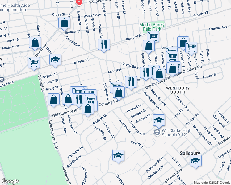 map of restaurants, bars, coffee shops, grocery stores, and more near 12 Barrington Street in Westbury