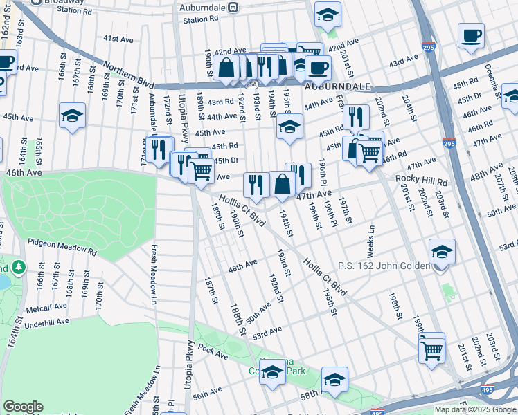map of restaurants, bars, coffee shops, grocery stores, and more near 19215 47th Avenue in Queens