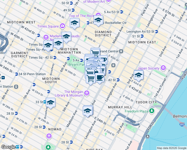 map of restaurants, bars, coffee shops, grocery stores, and more near 292 Madison Avenue in New York
