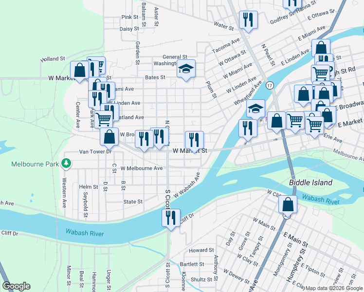 map of restaurants, bars, coffee shops, grocery stores, and more near 500 West Market Street in Logansport