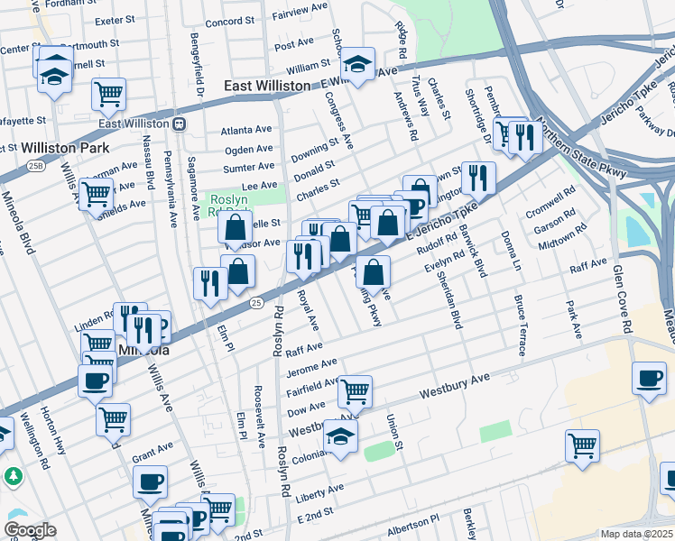 map of restaurants, bars, coffee shops, grocery stores, and more near 75 East Jericho Turnpike in Mineola