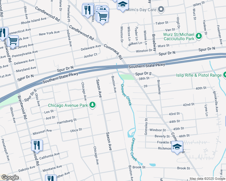 map of restaurants, bars, coffee shops, grocery stores, and more near 209 Ithaca Street in Bay Shore