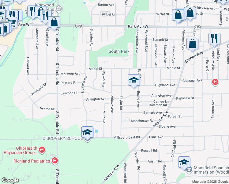 map of restaurants, bars, coffee shops, grocery stores, and more near 257 Fairlawn Avenue in Mansfield