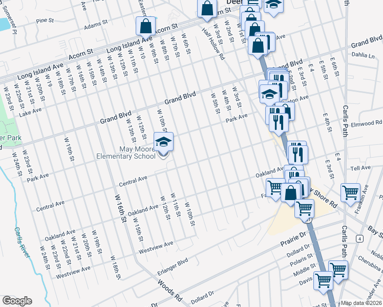 map of restaurants, bars, coffee shops, grocery stores, and more near 206 West 8th Street in Deer Park
