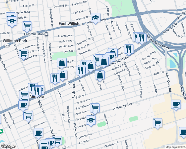map of restaurants, bars, coffee shops, grocery stores, and more near 75 East Jericho Turnpike in Mineola