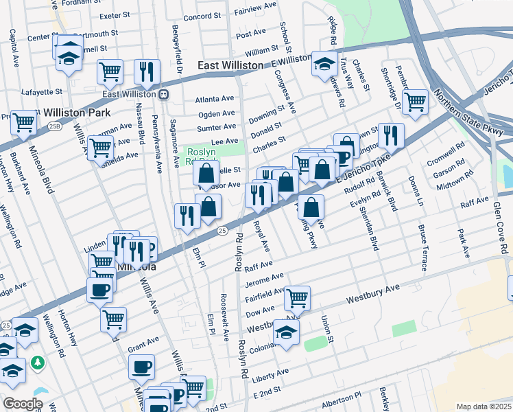map of restaurants, bars, coffee shops, grocery stores, and more near 35 Arlington Street in Mineola