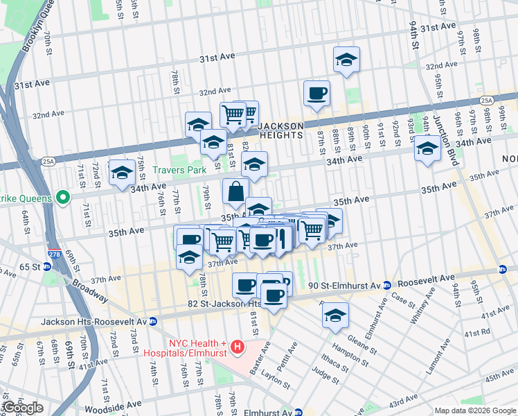 map of restaurants, bars, coffee shops, grocery stores, and more near 8215 35th Avenue in Queens