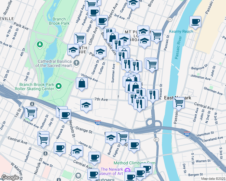 map of restaurants, bars, coffee shops, grocery stores, and more near 46 Crane Street in Newark