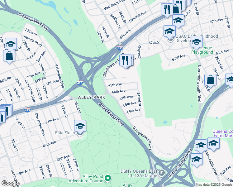 map of restaurants, bars, coffee shops, grocery stores, and more near 239-40 66th Avenue in Queens