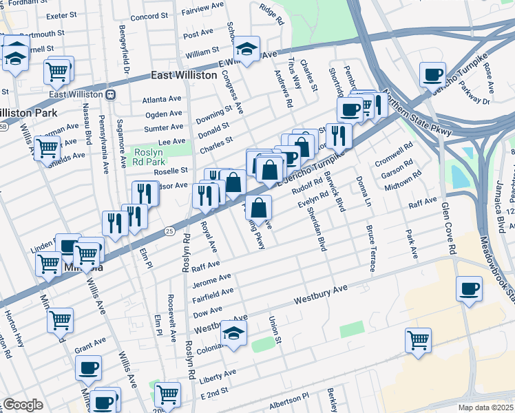 map of restaurants, bars, coffee shops, grocery stores, and more near 259 Frank Avenue in Mineola