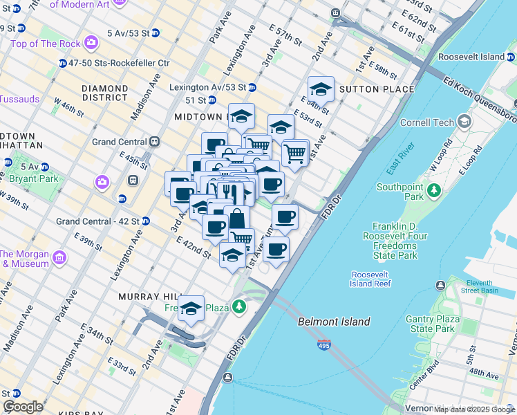 map of restaurants, bars, coffee shops, grocery stores, and more near 333 East 46th Street in New York