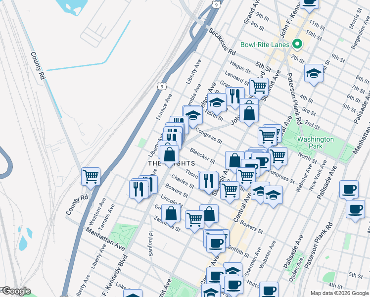 map of restaurants, bars, coffee shops, grocery stores, and more near 3523 John F. Kennedy Boulevard in Jersey City
