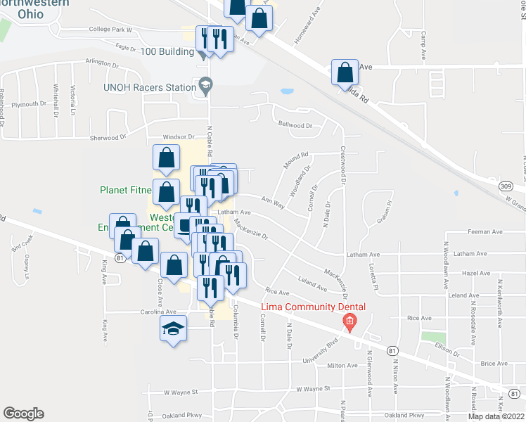 map of restaurants, bars, coffee shops, grocery stores, and more near 1846 Latham Avenue in Lima