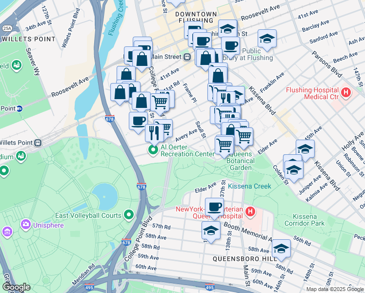 map of restaurants, bars, coffee shops, grocery stores, and more near 132-29 Blossom Avenue in Queens