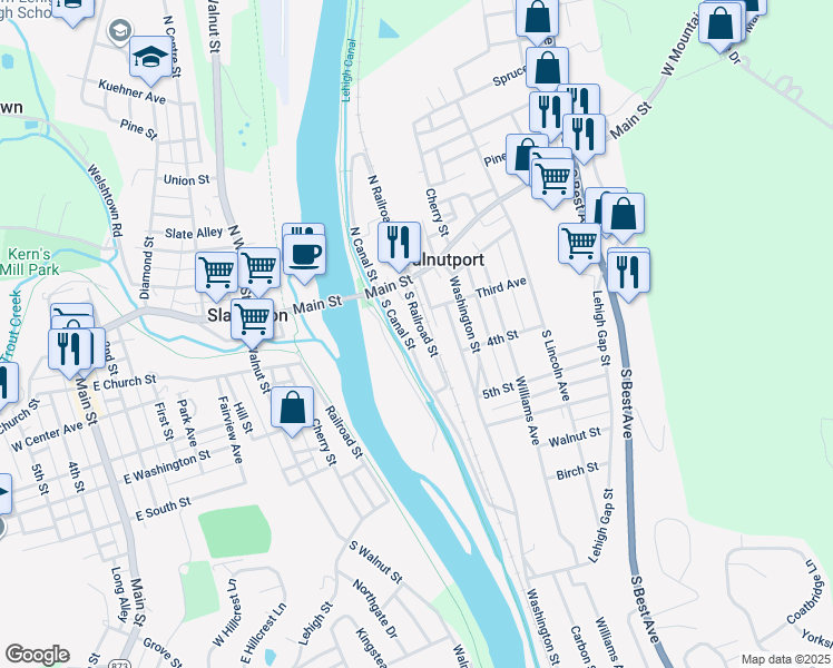 map of restaurants, bars, coffee shops, grocery stores, and more near 223 S Canal St in Walnutport