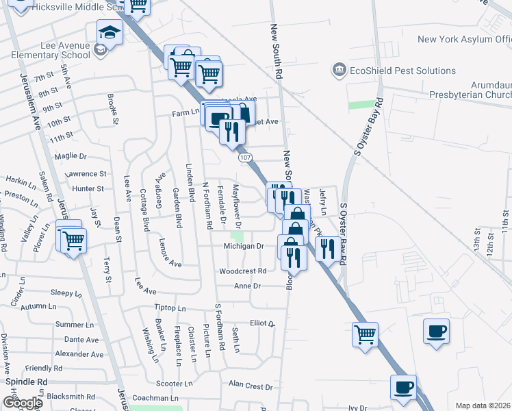 map of restaurants, bars, coffee shops, grocery stores, and more near 3 Greenbriar Lane in Hicksville