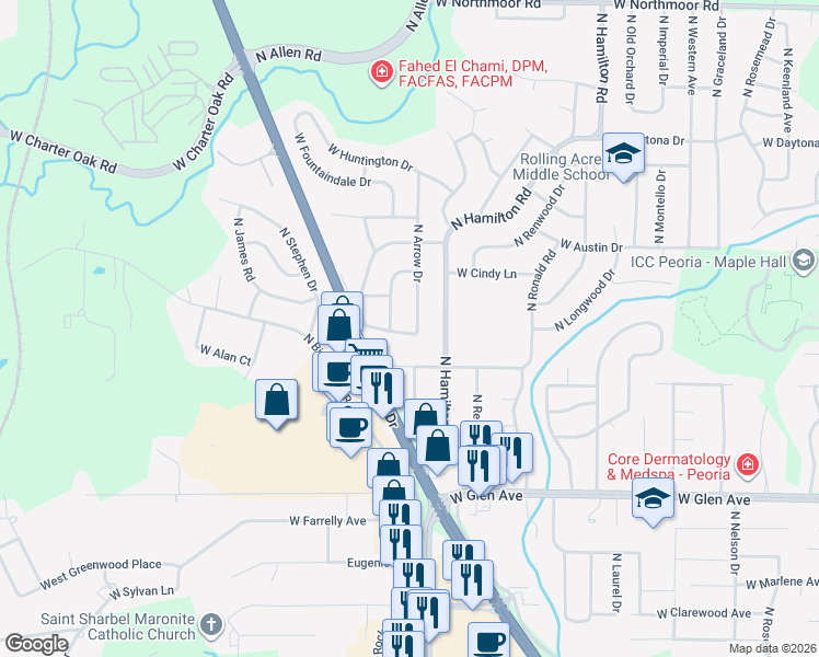 map of restaurants, bars, coffee shops, grocery stores, and more near 2517 West Marian Court in Peoria