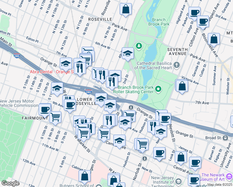 map of restaurants, bars, coffee shops, grocery stores, and more near 407-413 Orange Street in Newark