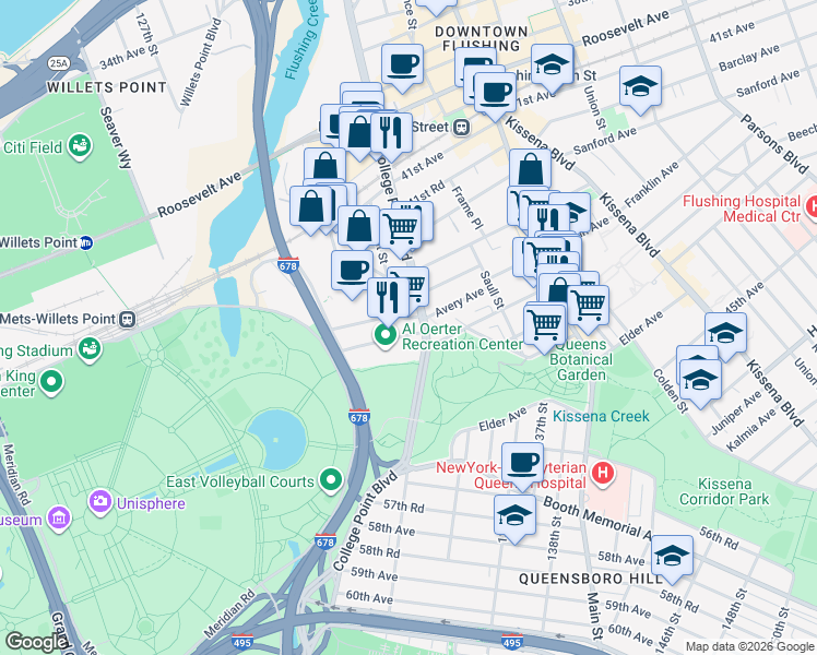 map of restaurants, bars, coffee shops, grocery stores, and more near 131-57 Fowler Avenue in Queens
