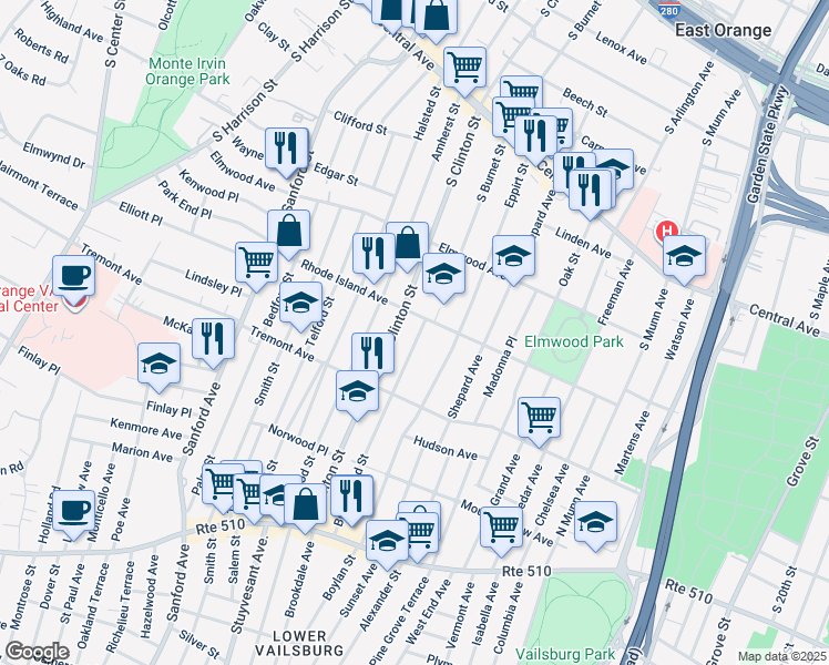 map of restaurants, bars, coffee shops, grocery stores, and more near 11 Brookwood Street in East Orange