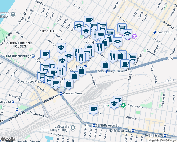 map of restaurants, bars, coffee shops, grocery stores, and more near 40-1 Honeywell Street in Queens
