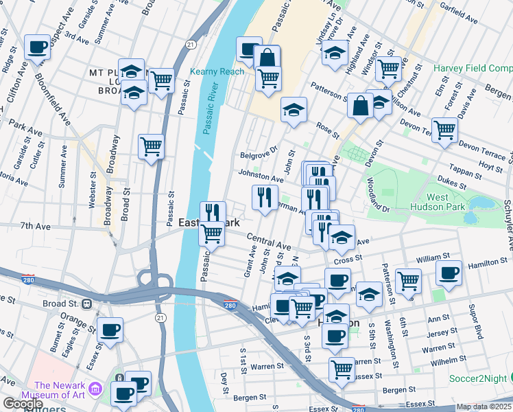 map of restaurants, bars, coffee shops, grocery stores, and more near 255 Grant Avenue in East Newark