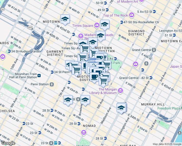 map of restaurants, bars, coffee shops, grocery stores, and more near 112 West 38th Street in New York