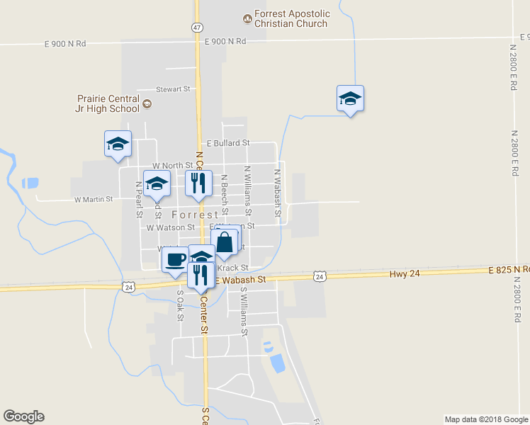 map of restaurants, bars, coffee shops, grocery stores, and more near 312 East Martin Street in Forrest