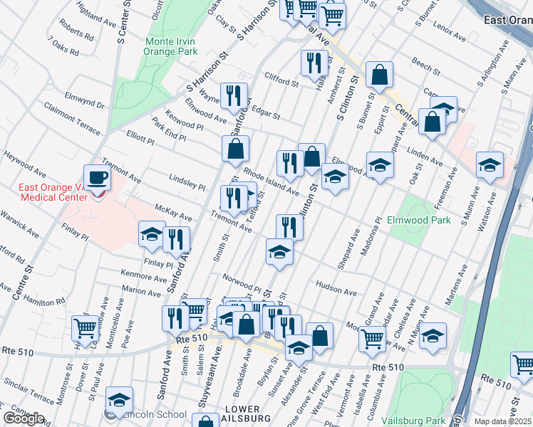 map of restaurants, bars, coffee shops, grocery stores, and more near 453 Halsted Street in East Orange