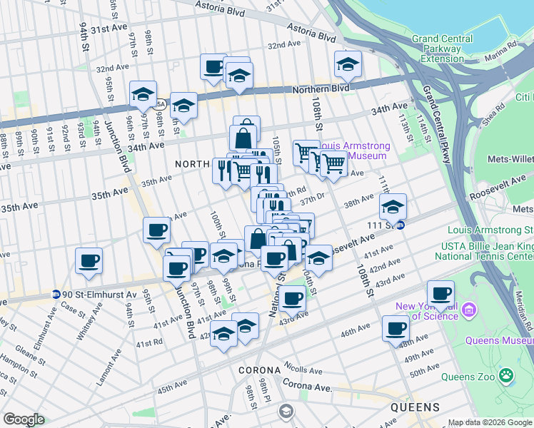 map of restaurants, bars, coffee shops, grocery stores, and more near 37-39 102nd Street in Queens