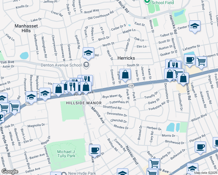map of restaurants, bars, coffee shops, grocery stores, and more near 402 Hillside Avenue in New Hyde Park
