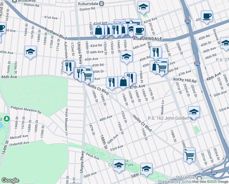 map of restaurants, bars, coffee shops, grocery stores, and more near 192-21 Hollis Court Boulevard in Queens