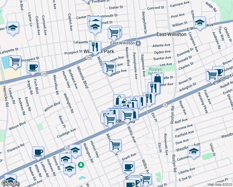 map of restaurants, bars, coffee shops, grocery stores, and more near 350 Willis Avenue in Mineola
