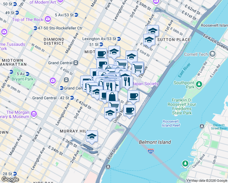 map of restaurants, bars, coffee shops, grocery stores, and more near 300 East 46th Street in New York