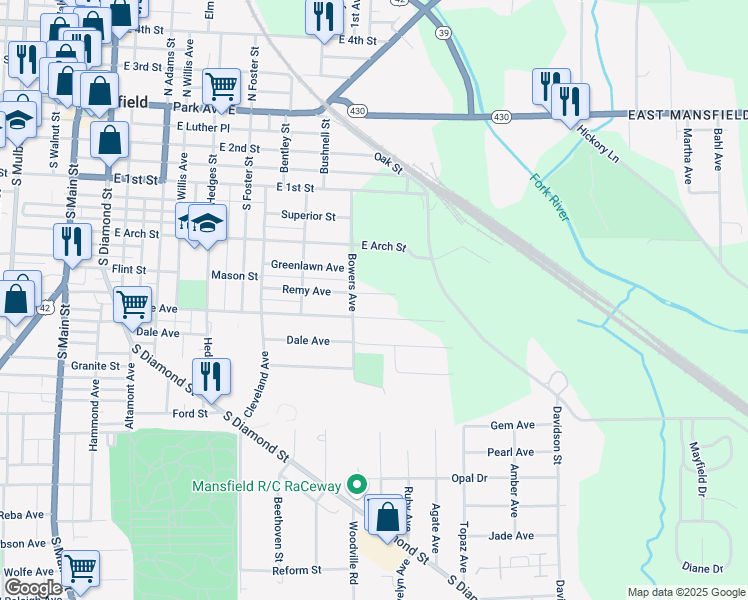 map of restaurants, bars, coffee shops, grocery stores, and more near 372 Remy Avenue in Mansfield