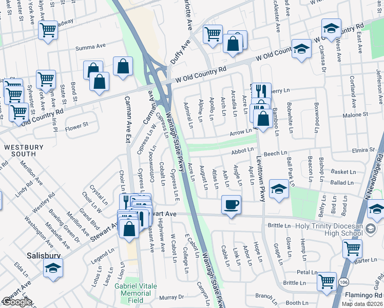 map of restaurants, bars, coffee shops, grocery stores, and more near 2 Acre Lane in Hicksville