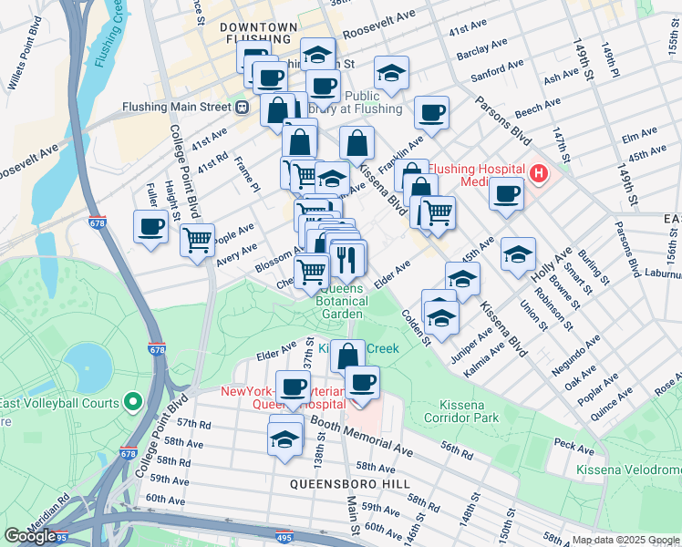 map of restaurants, bars, coffee shops, grocery stores, and more near 4317 Main Street in Queens