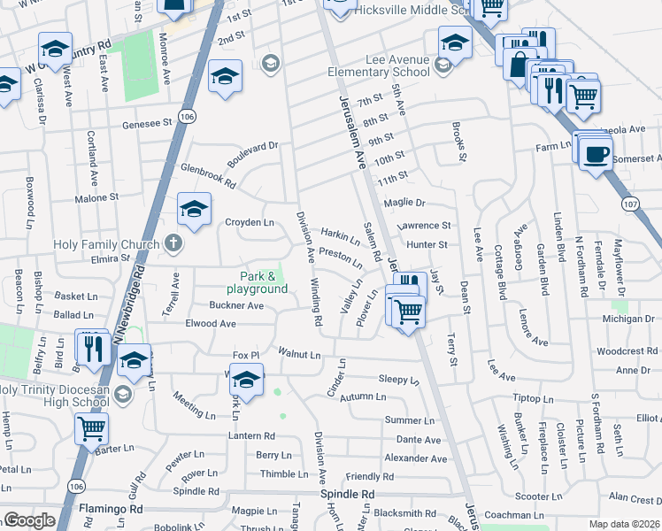 map of restaurants, bars, coffee shops, grocery stores, and more near 11 Derby Road in Hicksville