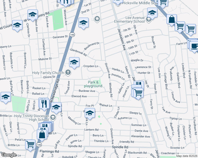 map of restaurants, bars, coffee shops, grocery stores, and more near 54 Fordham Avenue in Hicksville