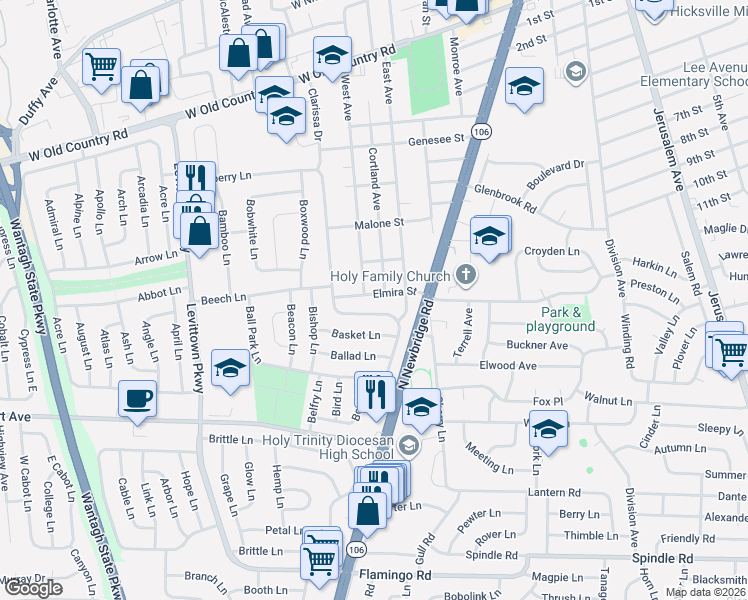 map of restaurants, bars, coffee shops, grocery stores, and more near 183 Blueberry Lane in Hicksville