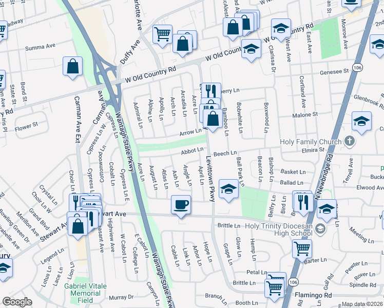 map of restaurants, bars, coffee shops, grocery stores, and more near 60 Abbot Lane in Hicksville