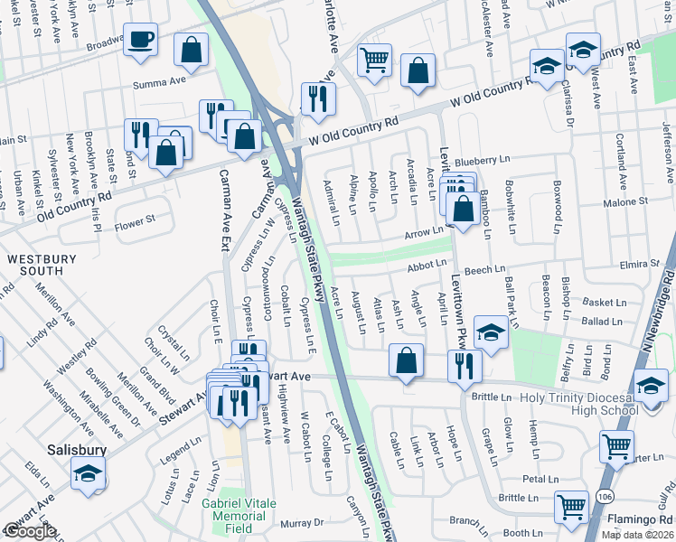 map of restaurants, bars, coffee shops, grocery stores, and more near 2 Acre Lane in Hicksville
