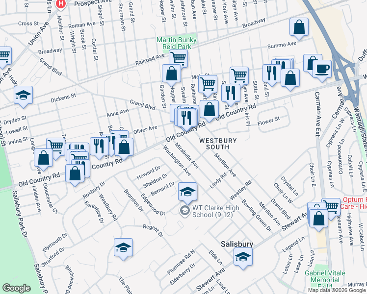 map of restaurants, bars, coffee shops, grocery stores, and more near 1084 Mirabelle Avenue in Westbury
