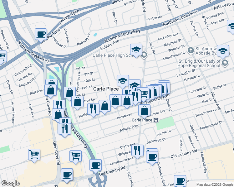 map of restaurants, bars, coffee shops, grocery stores, and more near 264 Rushmore Avenue in Carle Place
