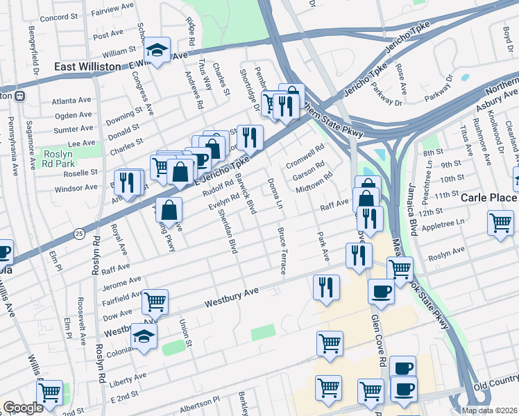 map of restaurants, bars, coffee shops, grocery stores, and more near 258 Hill Street in Mineola