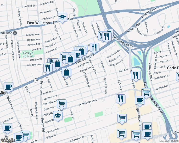 map of restaurants, bars, coffee shops, grocery stores, and more near 222 Clemens Road in Mineola